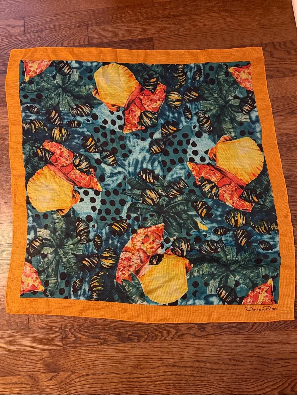 Oscar de la Renta Orange-Trim Tropical Print Silk Scarf